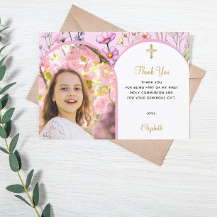 Pink florals photo arch girl cross First Communion Thank You Card