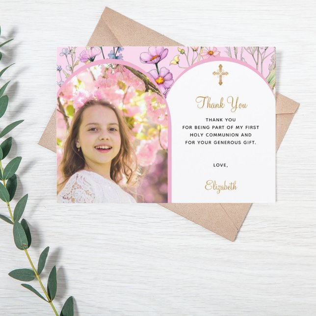 Pink florals photo arch girl cross First Communion Thank You Card (Creator Uploaded)