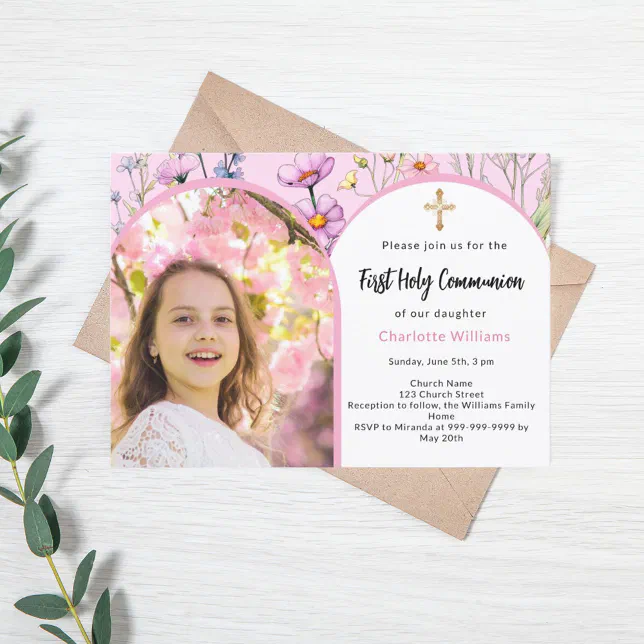 Pink florals photo arch girl First Holy Communion Invitation | Zazzle