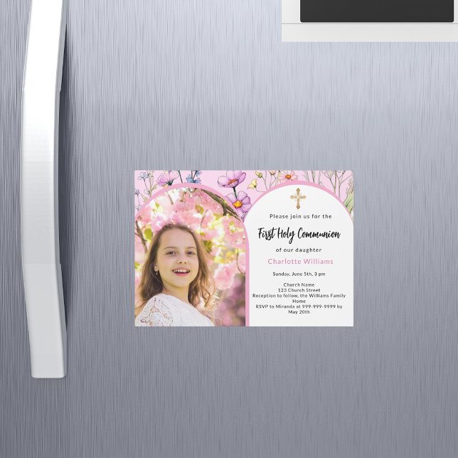Pink florals photo arch girl First Holy Communion Magnetic Invitation (Creator Uploaded)