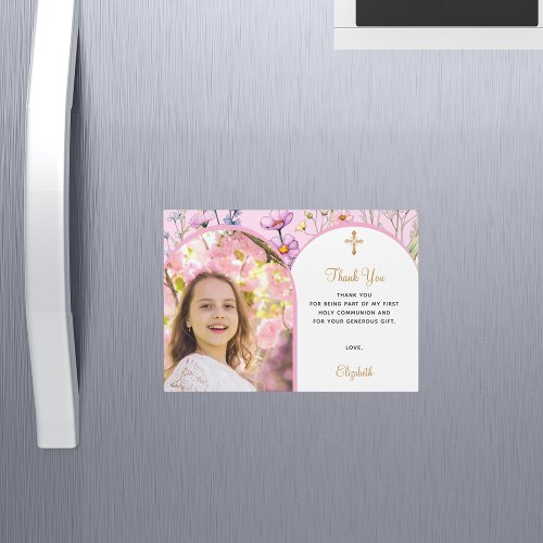 Pink florals photo First Communion Thank You card