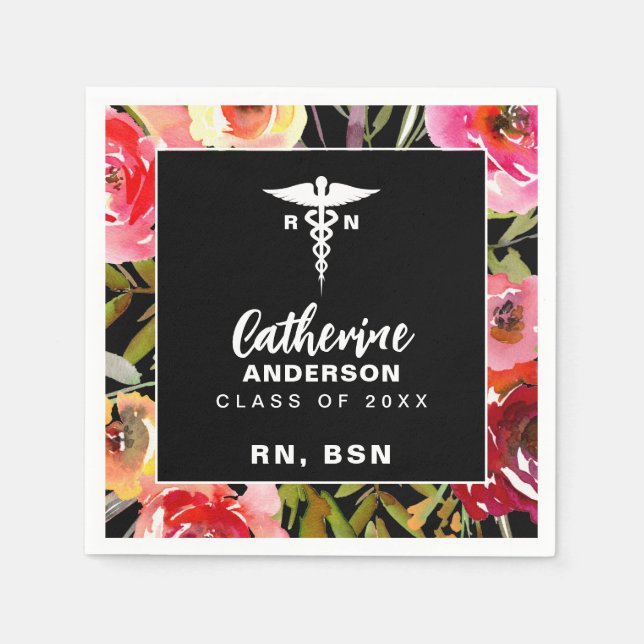 Pink Florals RN BSN Nurse Napkins (Front)