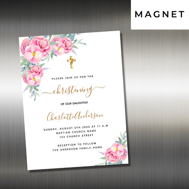Pink florals rose christening invitation magnet (Creator Uploaded)