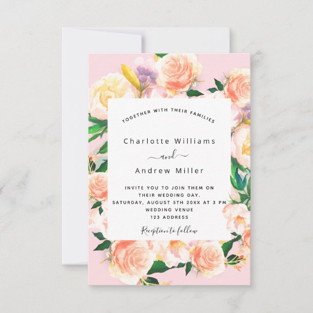 Pink florals rose gold wedding invitation (Front)
