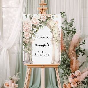 Pink florals roses arch birthday welcome foam board