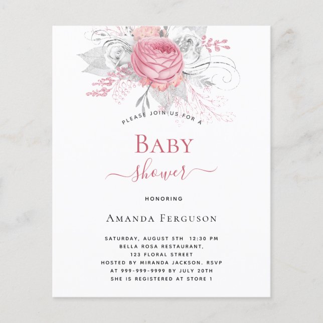 Pink florals silver baby shower budget invitation (Front)