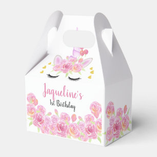Pink Florals Unicorn Gold Hearts Birthday Favor Boxes
