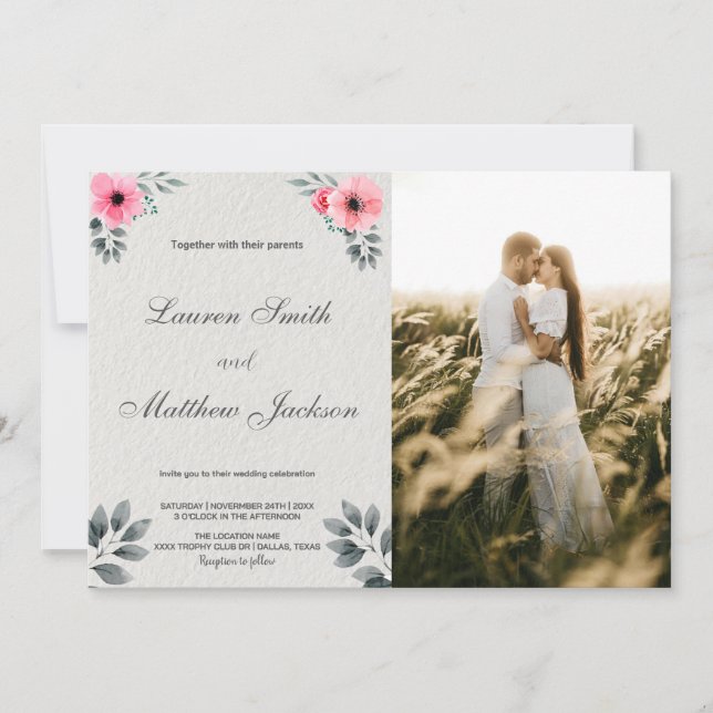 Pink Florals Wedding Invitations with photo (Front)