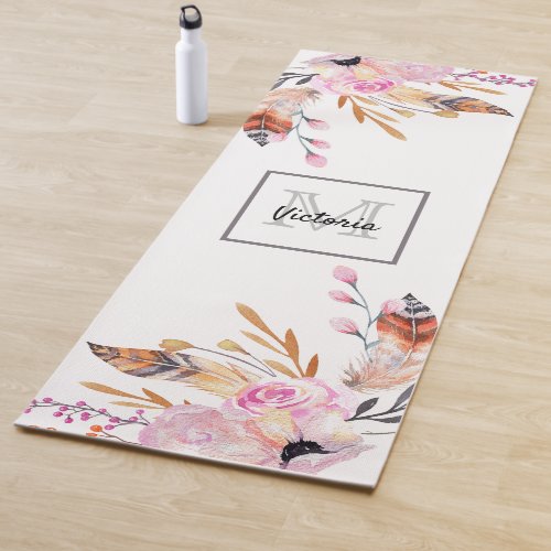 Pink florals white feather boho elegant name yoga mat