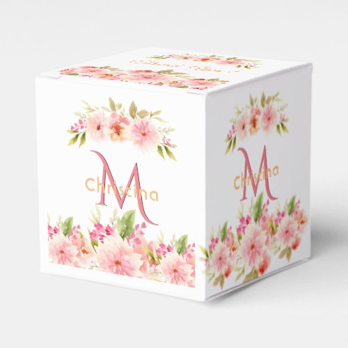 Pink florals white monogram thank you favor boxes