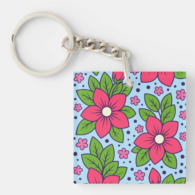 Pink Florals with Bold Petals and Green Leaves Keychain (Front)