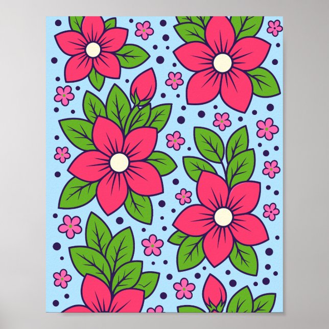 Pink Florals with Bold Petals and Green Leaves Poster (Front)