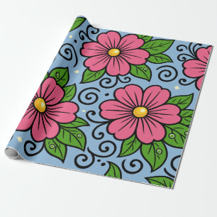 Pink Florals with Green Leaves and Curved Details Wrapping Paper