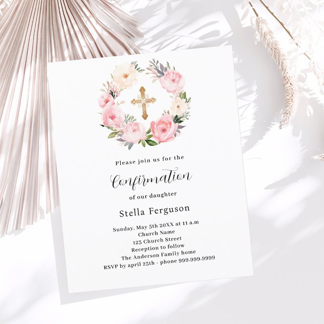 Pink florals wreath cross Confirmation invitation (Creator Uploaded)