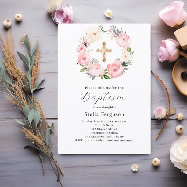 Pink florals wreath cross girl baptism invitation (Creator Uploaded)