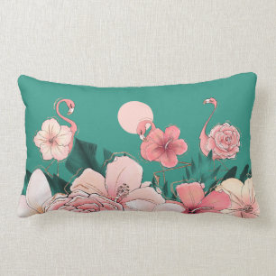 Pink Florida Flamingos Tropical Flowers on Teal Lumbar Pillow