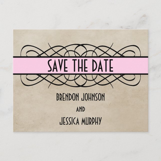 Pink Flourish Border Save the Date Postcard (Front)