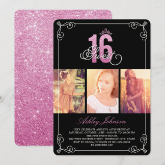 Pink Flourish Glam Sweet 16 Photo Birthday Party Invitation