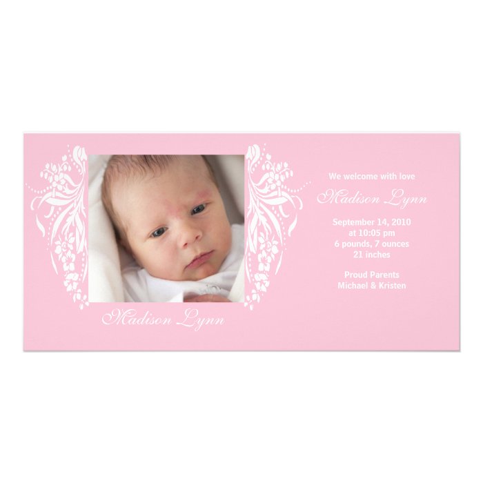Pink Flourish New Baby Birth Annoucement Personalized Photo Card