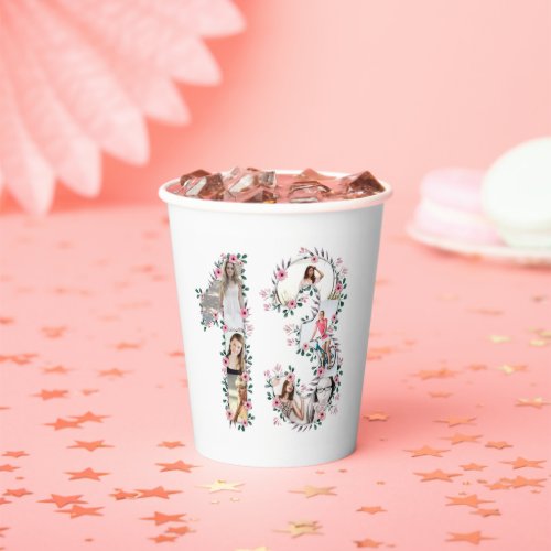 Pink Flower 13th Birthday Girl Photo Collage White Paper Cups