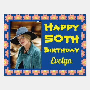 Pink Flower 50th Birthday Photo Sign