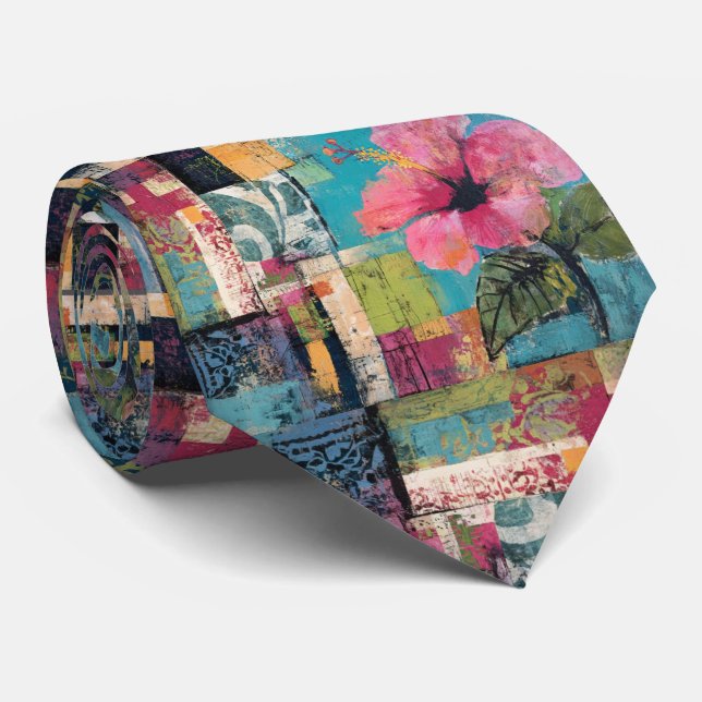 Pink Flower Abstract Neck Tie (Rolled)