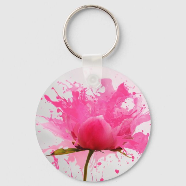 Pink Flower Abstract Paint Splatter Keychain (Front)
