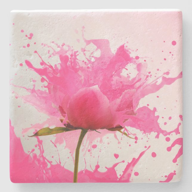 Pink Flower Abstract Paint Splatter Stone Coaster (Front)
