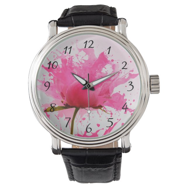 Pink Flower Abstract Paint Splatter Watch (Front)