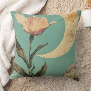 Pink Flower and Crescent Moon Throw Pillow
