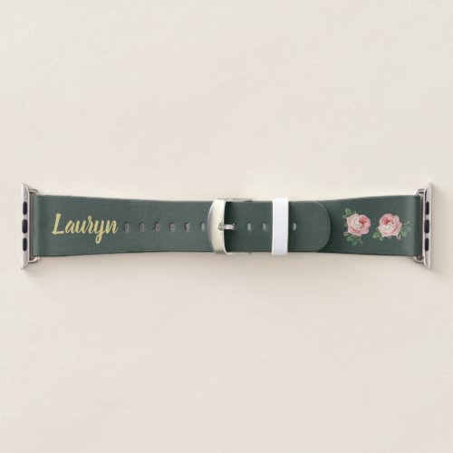 Pink flower and leaves on dark green apple watch band