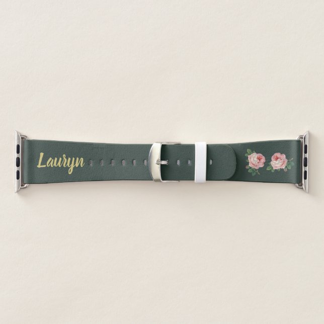 Pink flower and leaves on dark green apple watch band (Band)