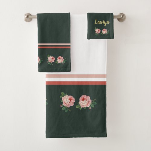 Pink flower and leaves on dark green bath towel set