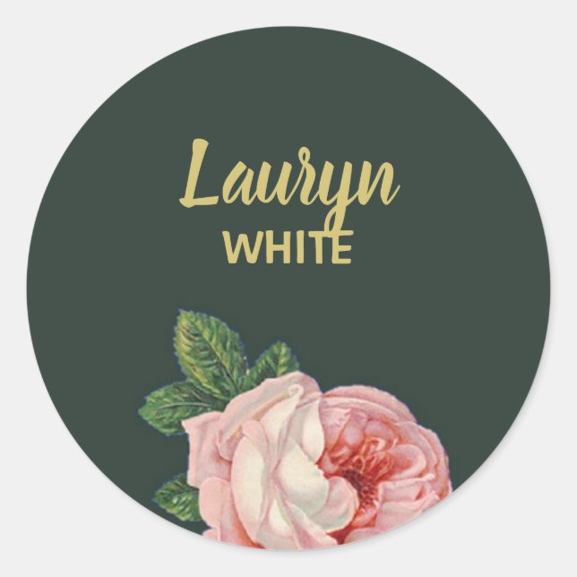 Pink flower and leaves on dark green classic round sticker (Front)