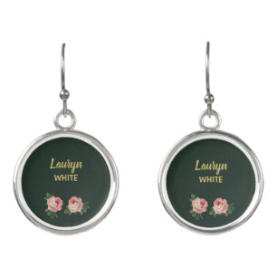Pink flower and leaves on dark green earrings