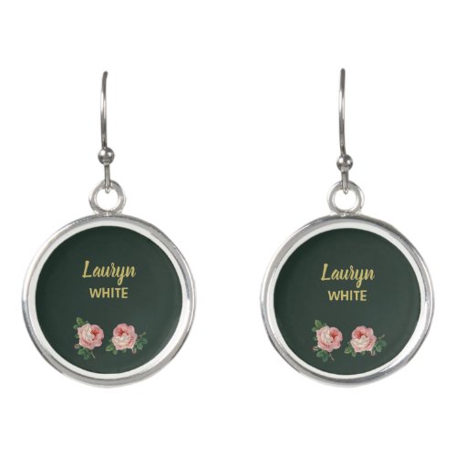 Pink flower and leaves on dark green earrings