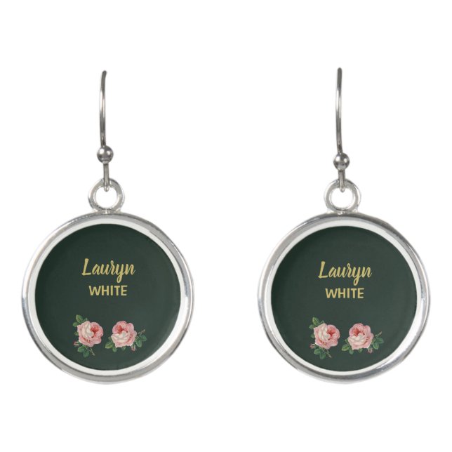 Pink flower and leaves on dark green earrings (Front)