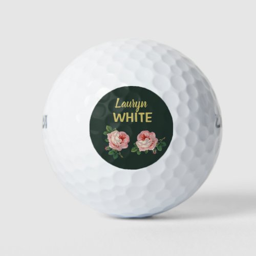 Pink flower and leaves on dark green golf balls