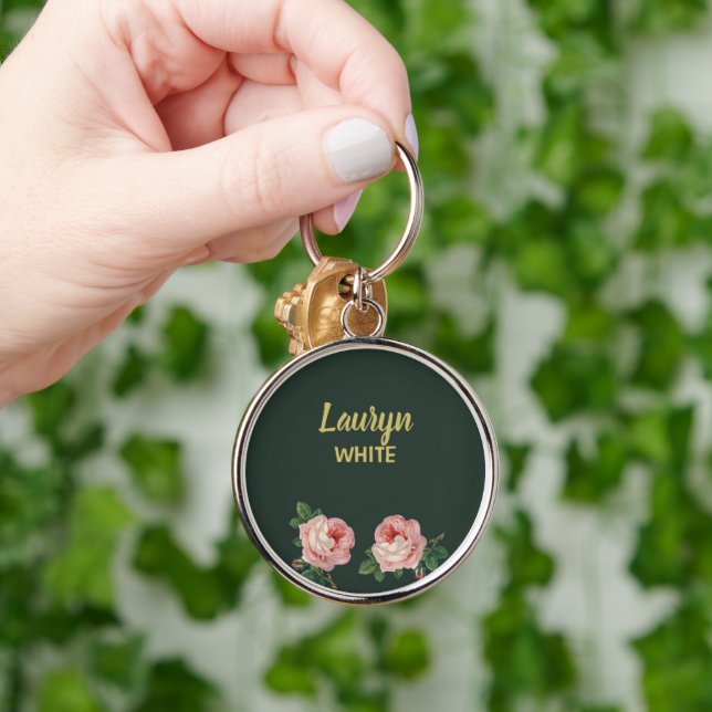 Pink flower and leaves on dark green keychain (Hand)