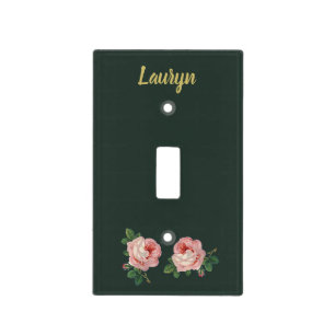 Pink flower and leaves on dark green light switch cover
