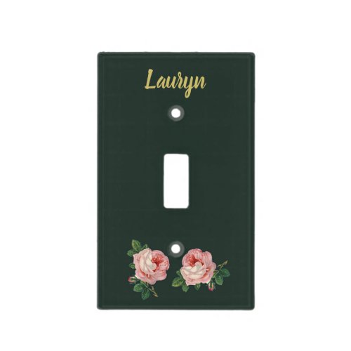 Pink flower and leaves on dark green light switch cover