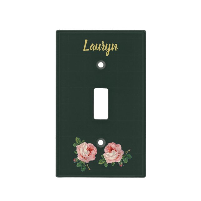 Pink flower and leaves on dark green light switch cover (Front)