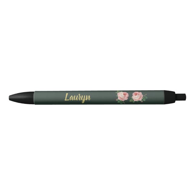 Pink flower and leaves on dark green pen (Front)