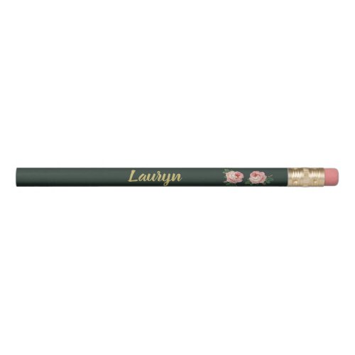 Pink flower and leaves on dark green pencil