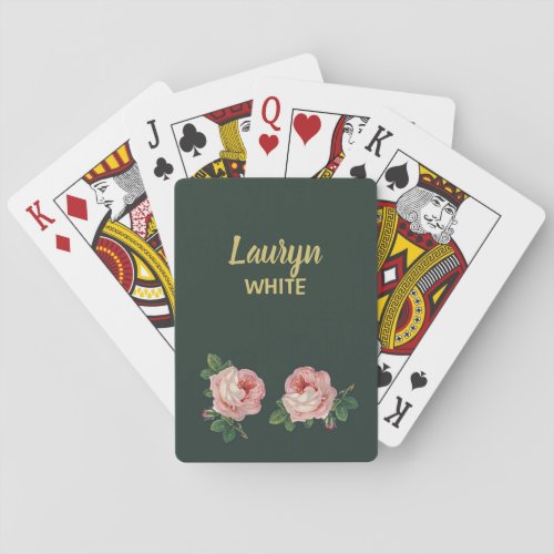 Pink flower and leaves on dark green poker cards