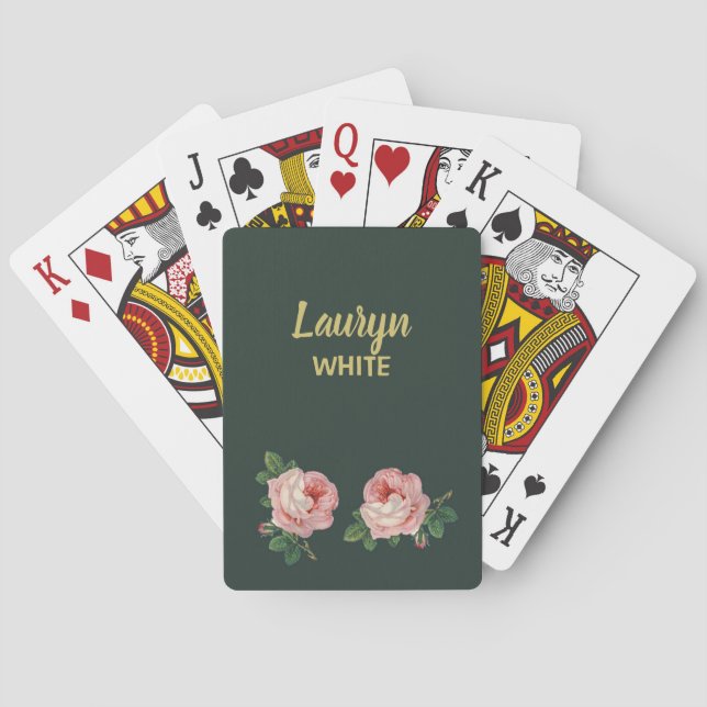 Pink flower and leaves on dark green poker cards (Back)
