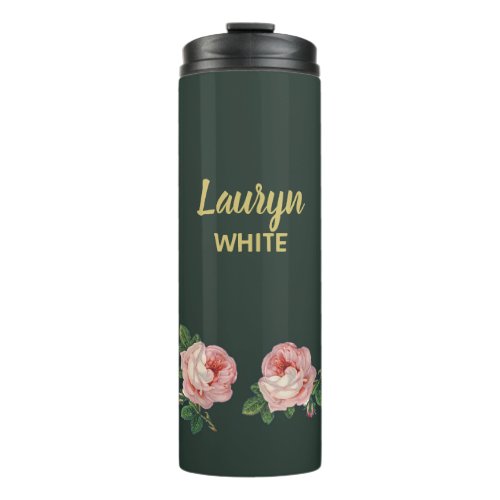Pink flower and leaves on dark green thermal tumbler