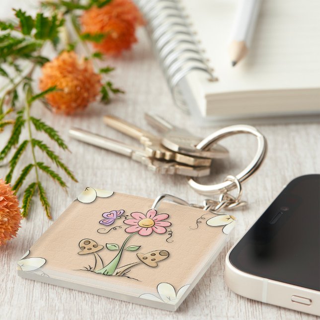 Pink Flower And Mushrooms Keychain (Creator Uploaded)