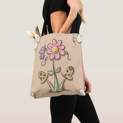 Pink Flower And Mushrooms Tote Bag