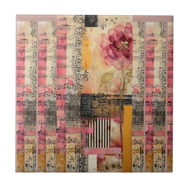 Pink Flower And Music Notes Ceramic Tile (Front)